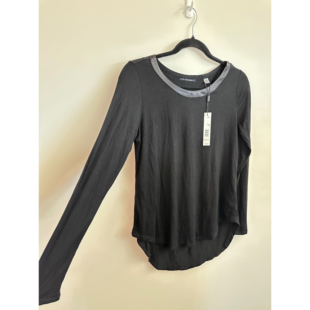 T Tahari Womens Black Long Sleeve Satin Trim Scalloped High Low Top TH34112NR S